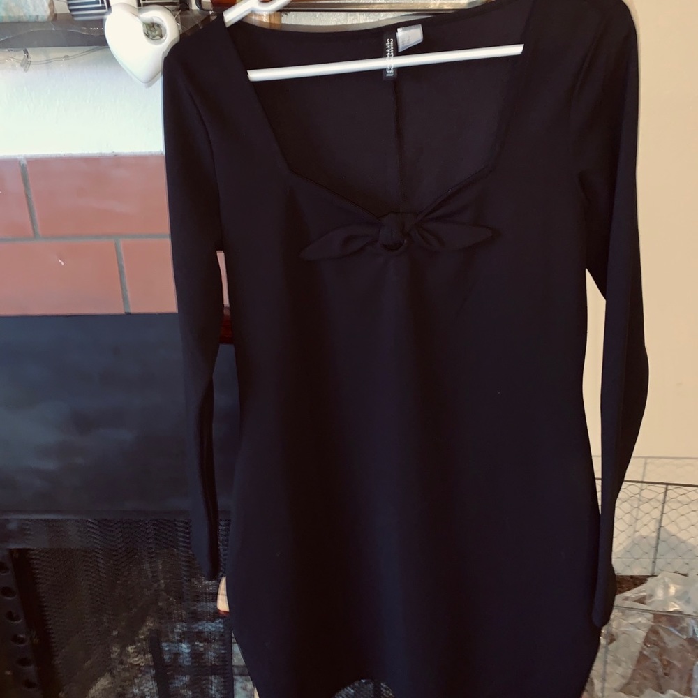 H&M black bow tie body con long sleeve dress